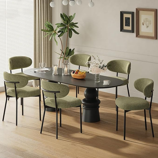 Upholstered Dining Chairs Set of 6, Modern Fabric Kitchen Chairs with Curved Backrest and Cushioned Seat, Sturdy Metal Legs, Comfortable Accent Chairs for Kitchen Dining Room, Living Room,Green