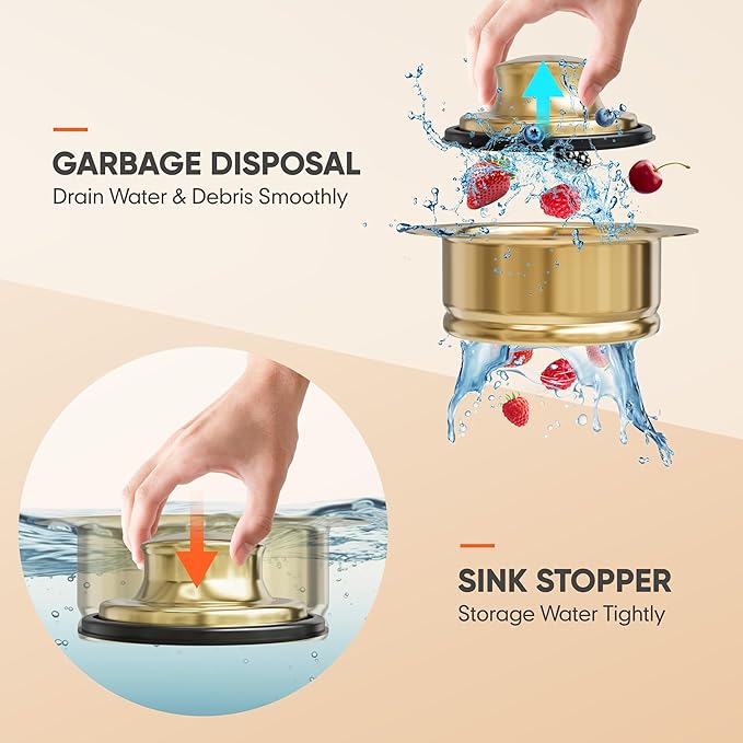 Kitchen Sink Brass Garbage Disposal Flange and Stopper, Fit 3-1/2 Inch Standard Sink Drain Hole,Kitchen Sink Replacement Accessories,Sink Garbage Disposer Kit (Gold)