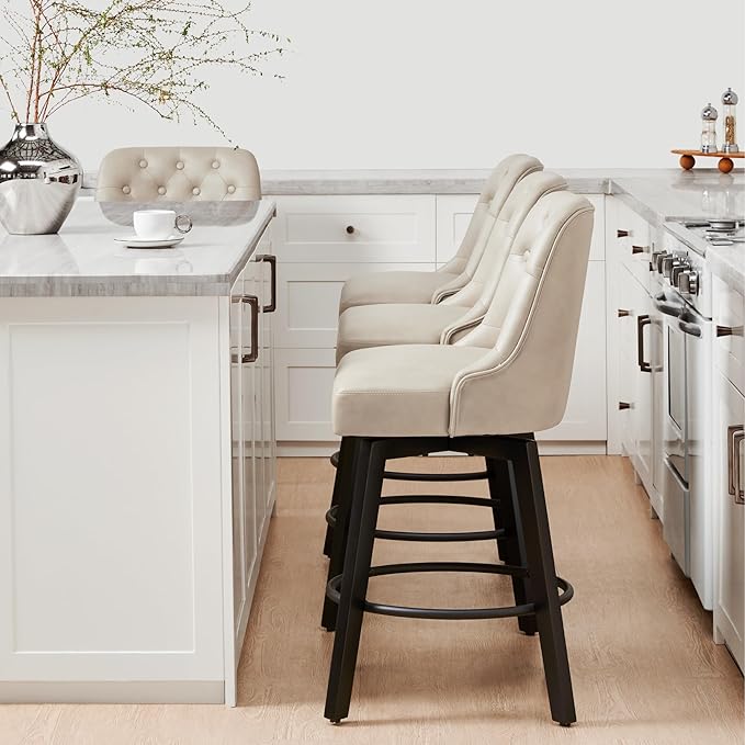 KISLOT Swivel Counter Height Bar Stools Set of 2, 26" Upholstered Faux Leather Barstools with Back,Thick Seat and Square Solid Wood Legs for Kitchen Island Home Bar, Beige