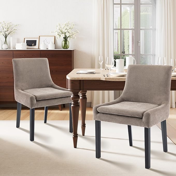 Dining Chairs Set of 2 – Extra Wide & Padded Fabric Dining Chairs with Solid Wood Legs, High-Density Foam Cushion, Mid-Back Modern Kitchen Chairs for Comfortable Everyday Use
