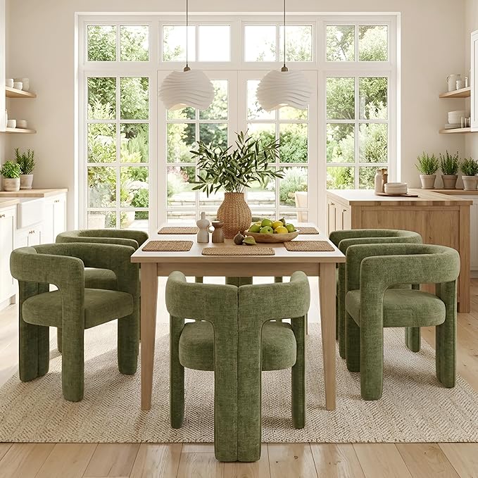 VESCASA Modern Barrel Dining Chairs Set of 6 with Open Back, Chenille Upholstered Accent Kitchen Armchairs with Wood Legs for Dining Room Reception Small Space, Green