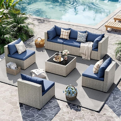 UDPATIO Outdoor Patio Furniture Set, 7-Piece Modular Sectional Sofa with Tea Table, PE Wicker Outdoor Conversation Set for Patio, Garden, Backyard Blue