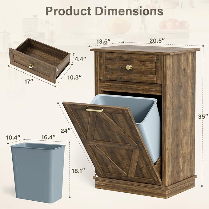 YESHOMY 10 Gallon Tilt-Out Trash Cabinet, Wooden Hidden Garbage Can Holder with Storage Drawers for Kitchen and Dining Room, Dark Brown (2 Piece)