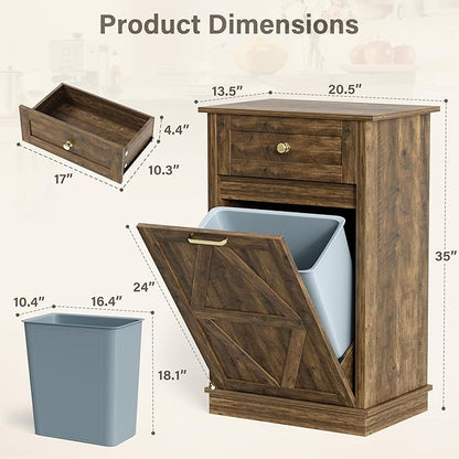 YESHOMY 10 Gallon Tilt-Out Trash Cabinet, Wooden Hidden Garbage Can Holder with Storage Drawers for Kitchen and Dining Room, Dark Brown (2 Piece)