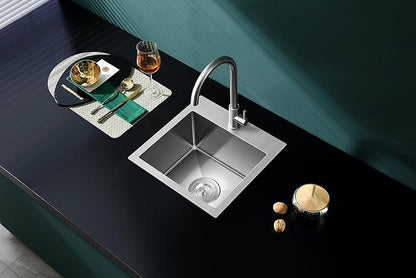 15 inch Drop in Bar Sink, Small Topmount Kitchen Sink Single Bowl, Handmade T-304 Stainless Steel Overmount Kitchen Bar Sink with Basket Strainer