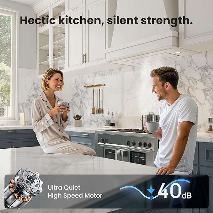 VIKIO HOME Range Hood Insert 36 inch, 900 CFM Ducted/Ductless Convertible, Stainless Steel & Tempered Glass White 36 inch Built-in Range Hood, With 3-Speed Fan and Gesture Sensing &Touch Control