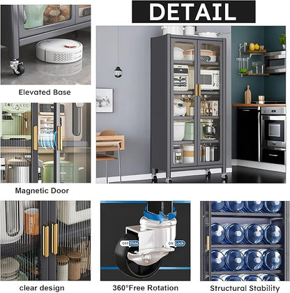 67.3" Kitchen Pantry Storage Cabinet with Acrylic Glass Door, Adjustable Shelves & Wheels,Metal Tall Food Pantries Cabinets,for Kitchen, Living Room and Dining Room, Gray