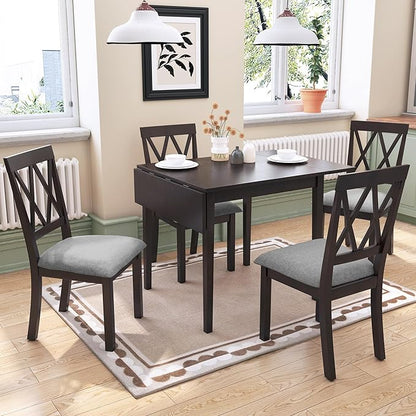 Ball & Cast 5-Piece Farmhouse Drop Leaf Folding Dining Table with Chairs, 29.57"~45.67" Extendable Table w/4pcs Backrest Dining-Chair, Foldable Kitchen Breakfast Set for 4,Space Saving,Espresso