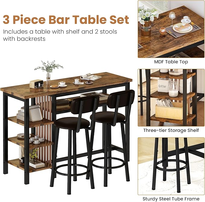 Recaceik 47" Bar Dining Table Set for 2, 3 Piece Bar Table and Chairs Set, Kitchen Counter Height Dining Table Set, Small Kitchen Bar Table with Storage & 2 Stools, Breakfast Nook Set for Small Space