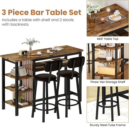 Recaceik 47" Bar Dining Table Set for 2, 3 Piece Bar Table and Chairs Set, Kitchen Counter Height Dining Table Set, Small Kitchen Bar Table with Storage & 2 Stools, Breakfast Nook Set for Small Space