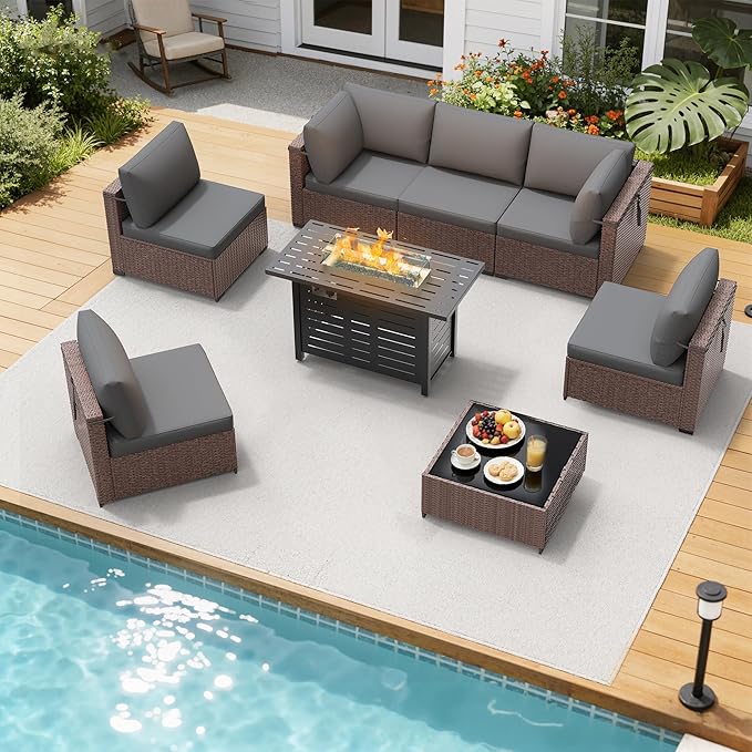 LOUVIXA 8 Piece Outdoor Patio Furniture Set, Outdoor Sectional Sofa with Firepit Table, Wicker Rattan Patio Furniture, Patio Conversation Set with Coffee Table & Cushions