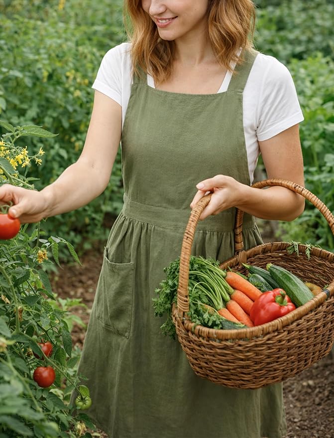 Pinknoke Cotton Linen Pinafore Apron Dress for Women with Pockets Cute Art Chef Aprons for Kitchen Baking Gardening Painting