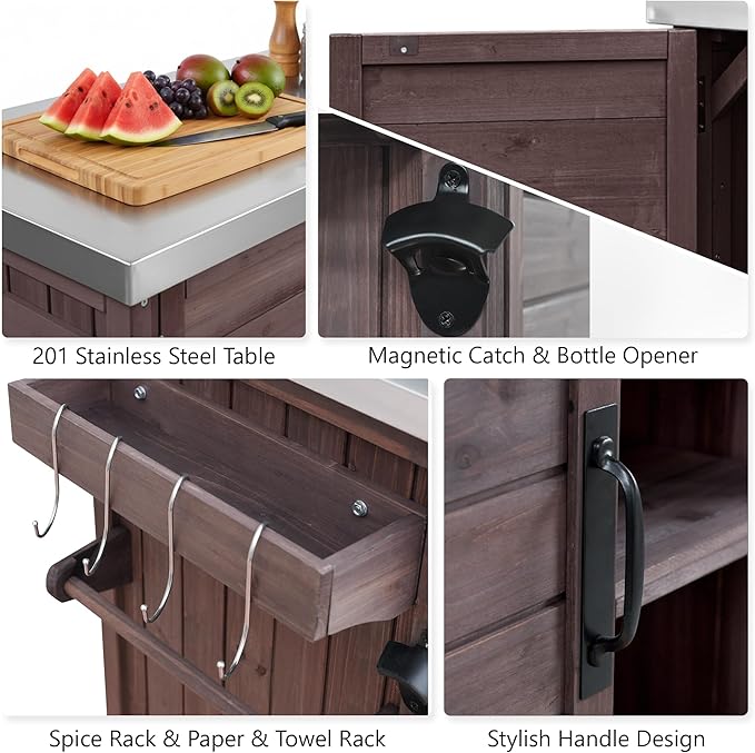 78.3" Outdoor Kitchen Island with Foldable Grill Table, Wooden Outdoor Grill Cart with Trash Can Storage & Stainless Steel Top, Outdoor Bar Cart, Pizza Oven Table for Lawn & Garden, Dark Brown