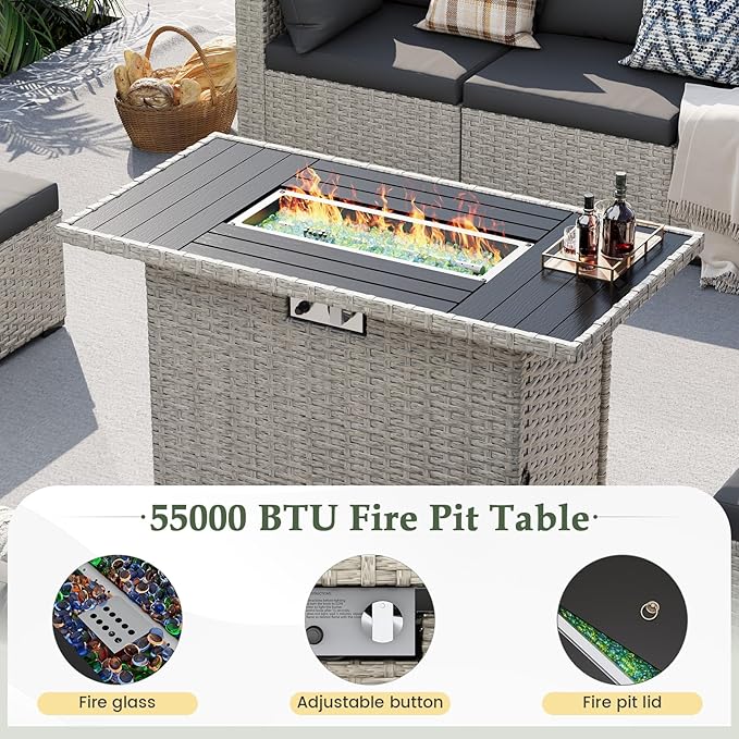 UDPATIO Patio Furniture Set with Fire Pit Table, 8 Pieces Outdoor Sectional Sofa, PE Wicker Patio Conversation Set for Garden, Backyard Black