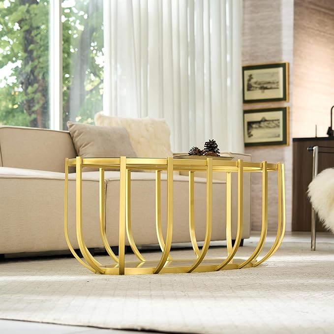 Saint Mossi Glass Oavl Coffee Table for Living Room, Mid Century Modern 2-Tier Gold Drum Center Table, Clear Glass Top with Gold Finish Legs & Frame, D42xW23xH16
