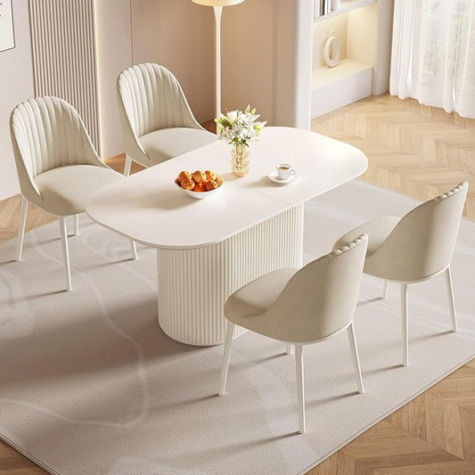 Miuuod 62.99" Large Modern Dining & Kitchen Table Set,with 4 Cushion Chairs for 6-8,Long Oval Side,Space-Saving for Dining Room,Kitchen Island,Cream White