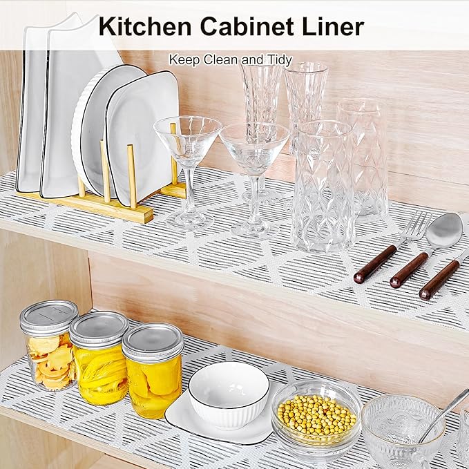 Drawer and Shelf Liner for Kitchen Cabinet,Non-Adhesive Cabinet Liners 18in x 20FT,Waterproof Shelf Paper Non-Slip Mats Cupboard Liner Contact Protect Dresser/Shelves/Table-Square Stripes