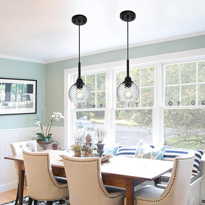 2 Pack Pendant Lights Kitchen Island with Clear Striped Swirl Globe Glass, Modern Hanging Light Fixtures Semi Flush Mount Stylish Black Pendant Lighting for Dining Room Hallway Bedroom Bar