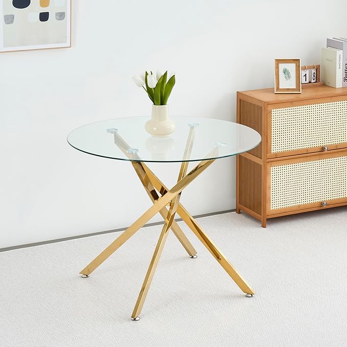 Round Glass Dining Table,Glass Dining Room Table with Metal Legs, Modern Glass Kitchen Table for Home, Kitchen, Dining Room