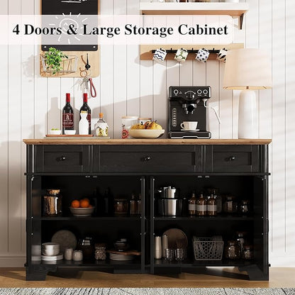BestHaped Farmhouse Buffet Cabinet with Storage, 55 Inch Black Sideboard Buffet Cabinet with Adjustable Shelves & 3 Drawers, Buffet Table Coffee Bar Wine Bar Storage for Kitchen & Living Room