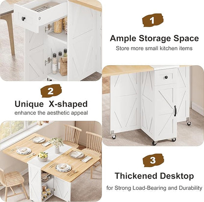 Jocoevol Folding Dining Table, Dining Table Set for 4, Foldable Kitchen Table Farmhouse Dinner Table, Space Saving Drop Leaf Tables for Small Spaces, Extendable Dining Room Table (Pear Wood White)