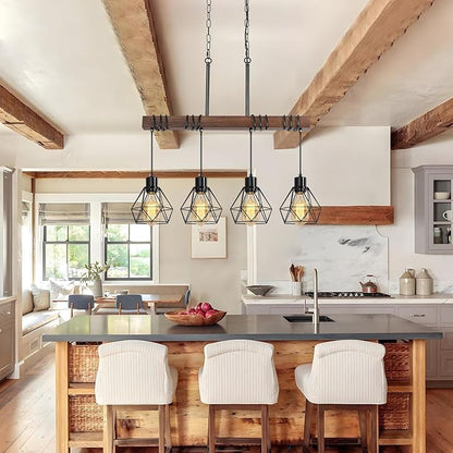 4-Light Modern Farmhouse Chandelier for Dining Room - Black Metal & Rustic Wood Kitchen Island Lighting with Adjustable Height, 29.5" Linear Pendant Light Fixture with Diamond Shades, UL Listed
