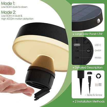 20" Solar Landscape Lights - Outdoor Solar Lights for Yard - PIR Sensor & Two Light Modes - 50lm & 400lm - Rechargeable Battery Last Up to 55 Hours - 3000K - IP44 Weather Resistant - 2 Pack