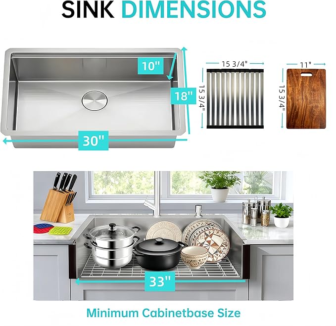 30 Inch Drop in Kitchen Sink Undermount Stainless Steel Kitchen Sinks,16 Gauge Top Mount Single Bowl Workstation Sink,Deep Handmade Kitchen Sink with Cutting Board & Strainer,Satin Nickel