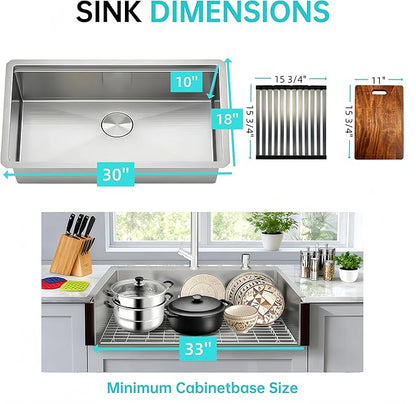 30 Inch Drop in Kitchen Sink Undermount Stainless Steel Kitchen Sinks,16 Gauge Top Mount Single Bowl Workstation Sink,Deep Handmade Kitchen Sink with Cutting Board & Strainer,Satin Nickel