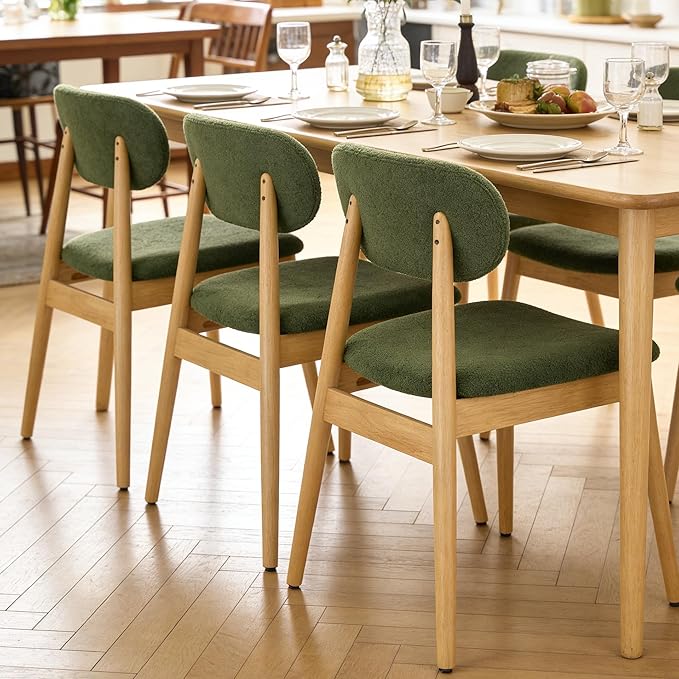Wooden Dining Chairs Set of 4, Farmhouse Boucle Upholstered Kitchen Chairs, Step-By-Step Video Guide for Assembly, Green