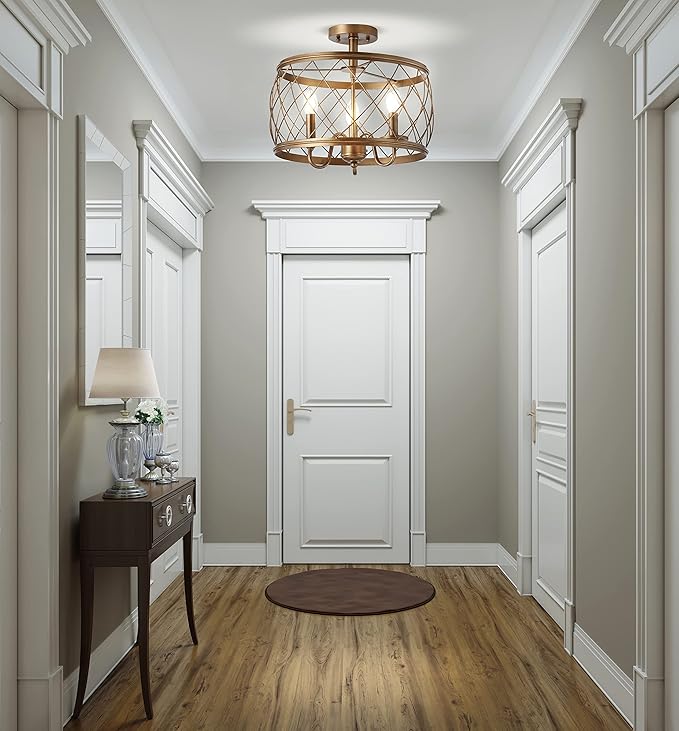 JONATHAN Y 15" Antiqued Gold LED Semi Flush Mount Ceiling Light, 3-Light Modern Industrial Drum Fixture for Bedroom Living Room Hallway, Gold Metal Cage Shade JYL9037A