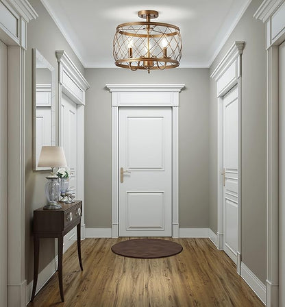 JONATHAN Y 15" Antiqued Gold LED Semi Flush Mount Ceiling Light, 3-Light Modern Industrial Drum Fixture for Bedroom Living Room Hallway, Gold Metal Cage Shade JYL9037A