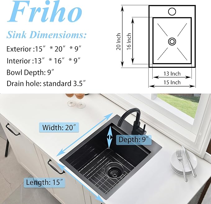 Friho Drop in Black Bar Sink, 15 x 20 Inch Stainless Steel Single Bowl Small Topmount Kitchen Sink, Handmade Bar Apply Office Wet Bar Prep RV Outdoor Yard with Cutting Board