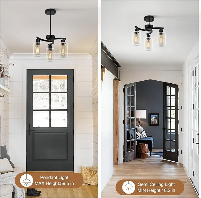 Sigaitwei 3-Light Modern Farmhouse Chandelier for Dining Room Light Fixtures，16.5" Black Kitchen Island Pendant Lighting, Adjustable Hanging Light for Dining Room with Clear Glass Shades