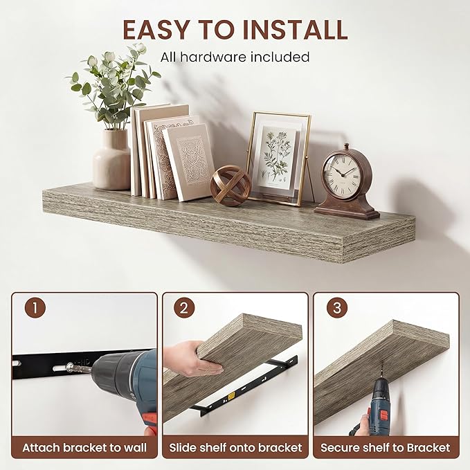 Dreamland 20 Inches Floating Shelves for Wall, 9.3" Deep Long Floating Shelves Set of 2, Large Display & Storage Shelf, Wall Shelf for Bathroom Bedroom Living Room Kitchen Office, Grey
