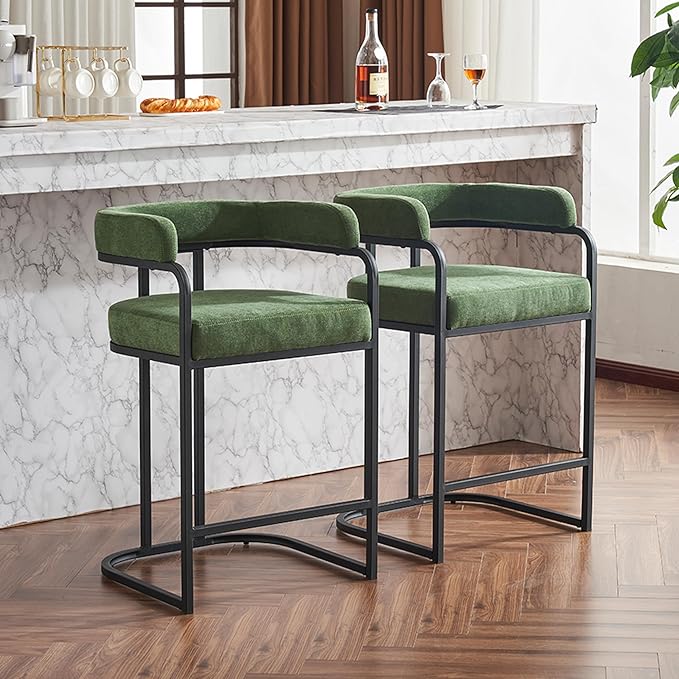 Modern Chenille Bar Stools Set of 2, Upholstered Counter Height Chairs with Metal e Armrests, Soft Chenille Fabric Bar Chairs for Kitchen Island, Dining Room, Home Bar,Green