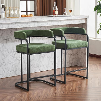 Modern Chenille Bar Stools Set of 2, Upholstered Counter Height Chairs with Metal e Armrests, Soft Chenille Fabric Bar Chairs for Kitchen Island, Dining Room, Home Bar,Green