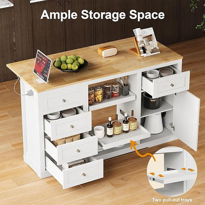 RoyalCraft 59'' Inch Kitchen Island with Storage and Drop Leaf, Island Table for Kitchen, Coffee Station Cabinet with Rubber Wood Top, Pull-Out Trays, Drawers, Adjustable Shelf, Power Outlet, White