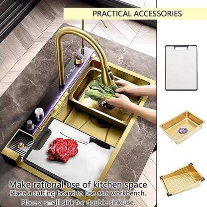 Sinks Countertop or Embedded Single Bowl Stainless Steel Kitchen Sink with Drain basket, cutting board, vegetable sink, multi-function pull-out faucet set (Gold, 33.4x18x9 In)