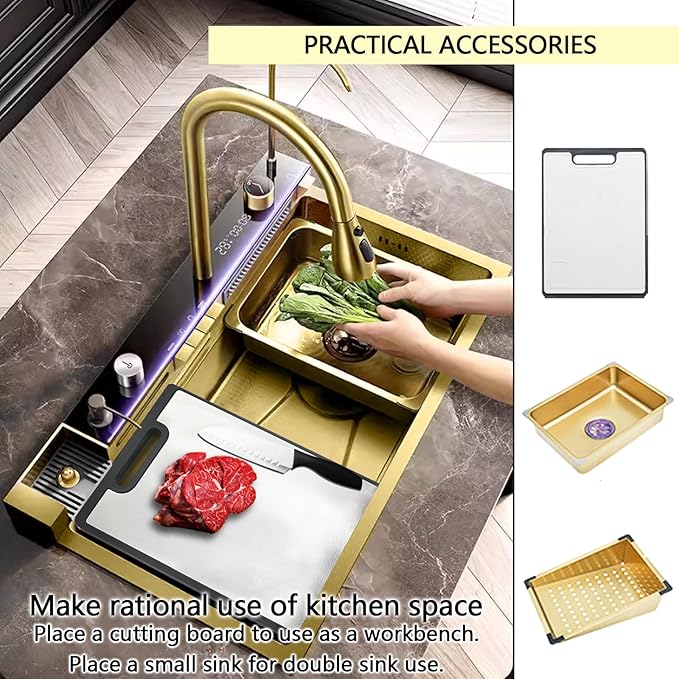 Sinks Countertop or Embedded Single Bowl Stainless Steel Kitchen Sink with Drain basket, cutting board, vegetable sink, multi-function pull-out faucet set (Gold, 26.7x18x9 In)
