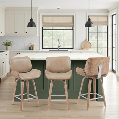 Tyler Modern Counter Height Swivel Bar Stool with White Wash Finished Wood and Vintage Brown Upholstery Set of 2