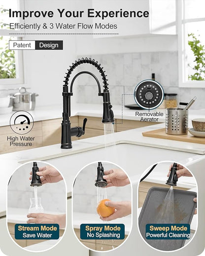 3 Modes Bronze Kitchen Faucet with Pull Down Sprayer, Single Hole Kitchen Sink Faucet 3 Hole, Stainless Steel High Arc Spring Style, 360 Degree Swivel with One Handle & Deck Plate for Farmhouse