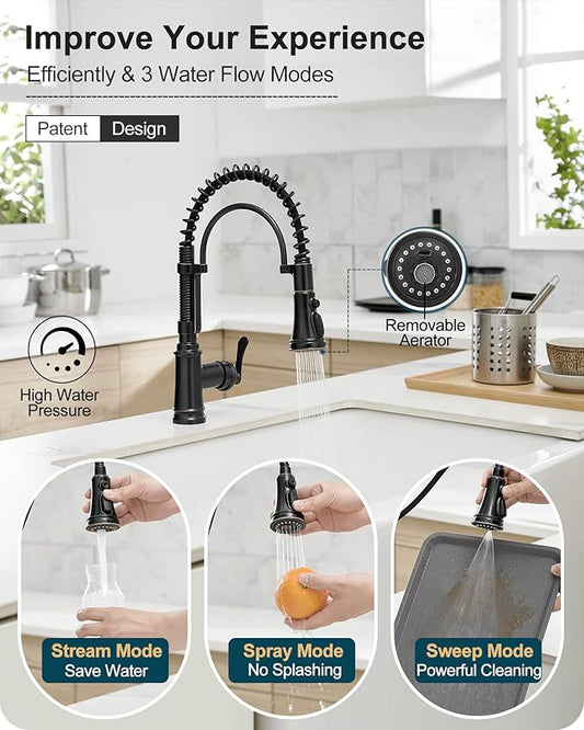 3 Modes Bronze Kitchen Faucet with Pull Down Sprayer, Single Hole Kitchen Sink Faucet 3 Hole, Stainless Steel High Arc Spring Style, 360 Degree Swivel with One Handle & Deck Plate for Farmhouse