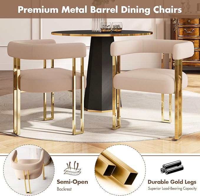 Hyfirm Velvet Dining Chairs Set of 4, Khaki Upholstered Barrel Armchairs with Gold Metal Legs for Kitchen Island, Mid Century Modern Accent Side Chairs for Dining Room and Living Room, Open-Back
