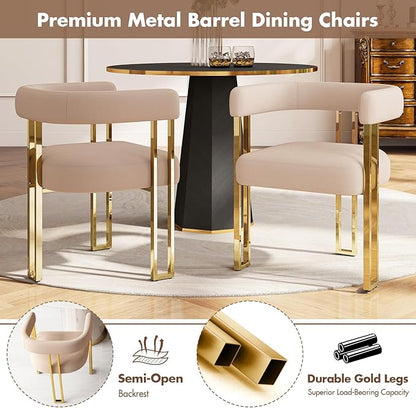 Hyfirm Velvet Dining Chairs Set of 6, Khaki Upholstered Barrel Armchairs with Gold Metal Legs for Kitchen Island, Mid Century Modern Accent Side Chairs for Dining Room and Living Room, Open-Back