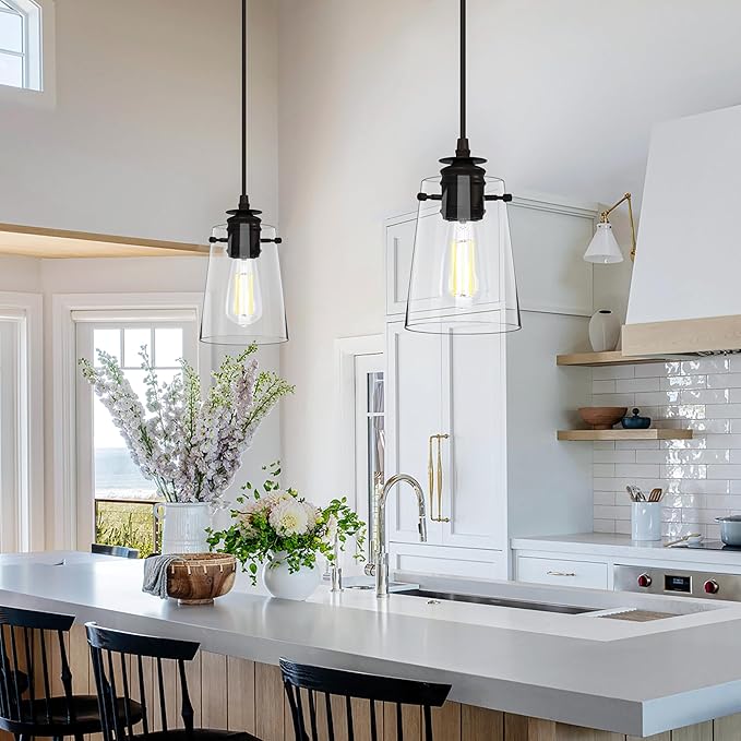 Pendant Lights Kitchen Island, Modern Industrial Pendant Light Fixtures with Glass Shade, E26 Socket Adjustable Cord for Dining Room, Bedroom, Living Room, Farmhouse Pendant Lighting 1Pcs