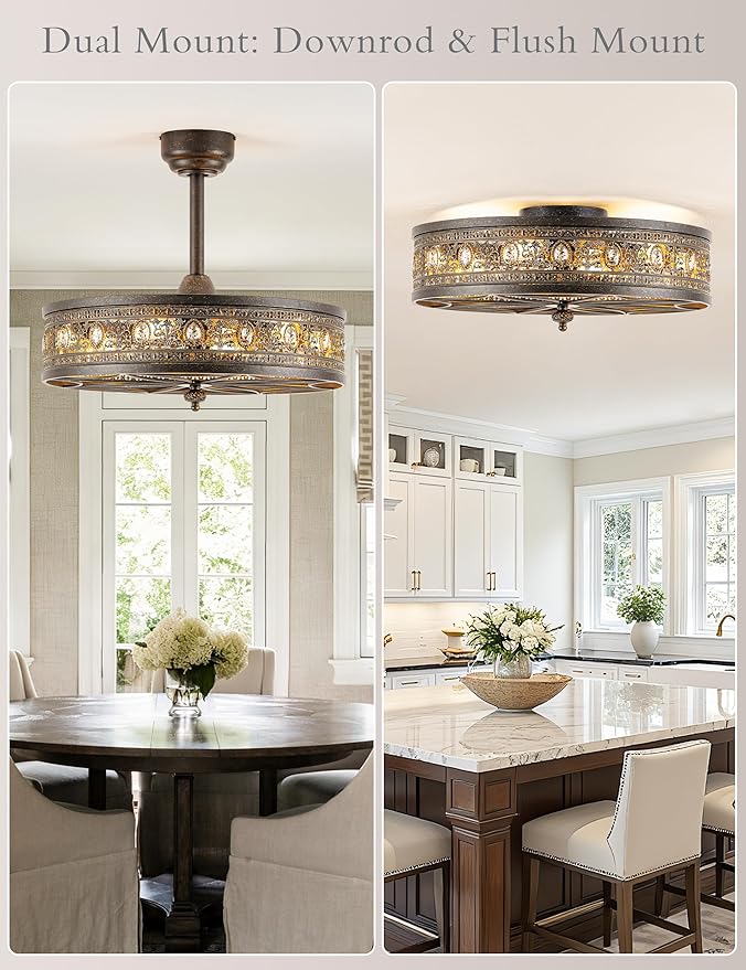 24 Inch Bronze Chandelier Ceiling Fan with Light,24" Antique Vintage Caged Bladeless Enclosed Fandelier,Victorian Classic Crystal Light Fixture,Hanging/Flush Mount for Bedroom,Dining Room,Living Room