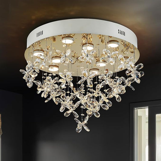 9-Lights Modern Chandelier K9 Crystal Lighting Fixture,20 Inch Round Stainless Steel Flush Mount Ceiling Lights for Bedroom Foyer Hallway Dining Room,GU10 Bulbs Include