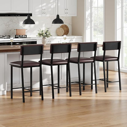 GarveeHome Bar Stools Set of 4 with Back & Footrest, Upholstered Counter Stools with Thickened Metal Legs, 24.8 Inches Counter Height Barstools, for Kitchen Island, Bar, Brown