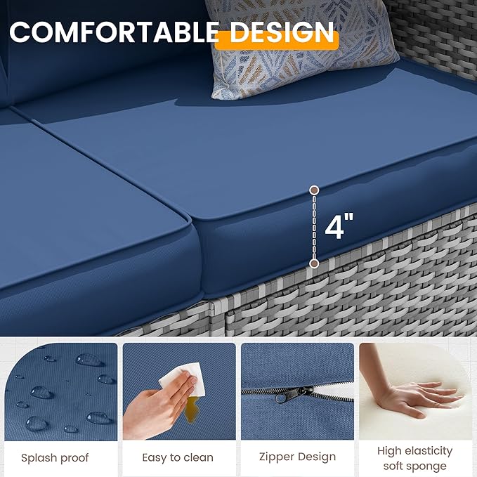 UDPATIO Outdoor Patio Furniture Set, 7 Piece PE Wicker Sectional Sofa with Tea Table, Outdoor Conversation Set with Waterproof Cover for Patio, Garden, Backyard (Blue Cushions with Grey Rattan)